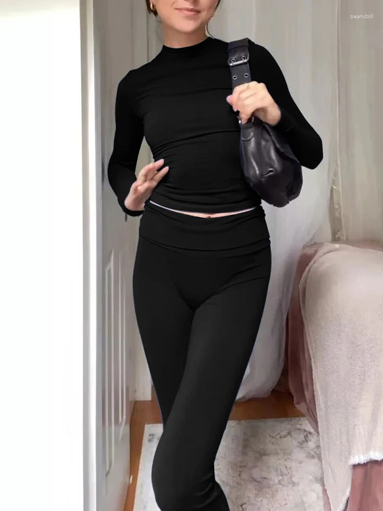Womens Two Piece Pants Leisure Wear Flare Crop Top Set Autumn Casual Slim Fit 2 Suit Fitting Wide Leg Pant Female Vintage Cotton Lounge