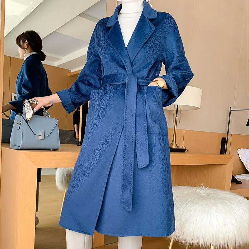 2023 AutumnWinter Water ripple doublesided Cashmere Coat Women's Mid length Suit Collar Loose Lace up Wool Women 240102