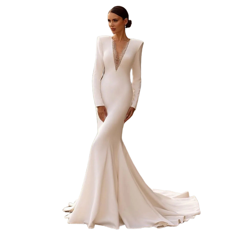 Simple Ivory Satin Mermaid Wedding Dresses Beaded Long Sleeves Elegant Second Reception Dress For Bride Sheer Deep V-Neck Illusion Back Sexy Bridal Go