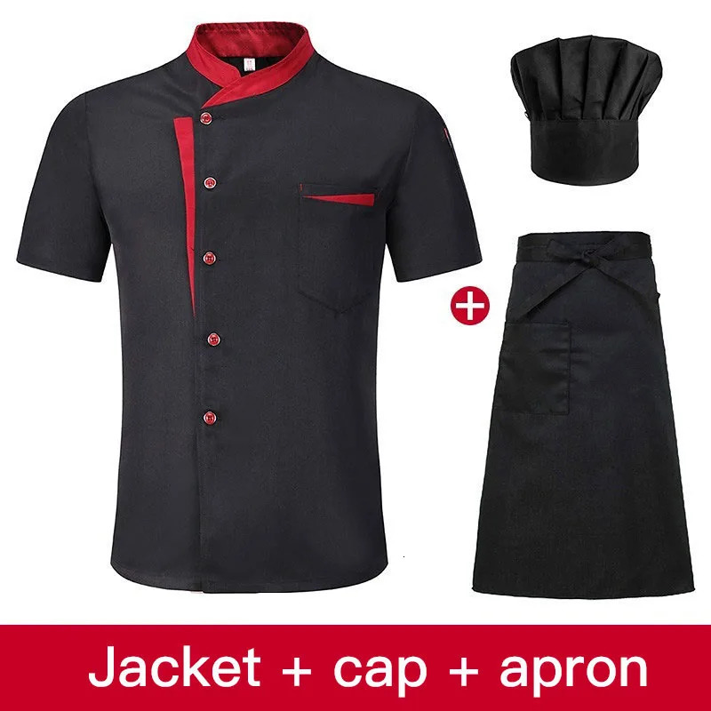 Short Sleeve Chef Jacket Set el Kitchen Work Uniform Cook Restaurant Cooking ShirtsHatApron 240102