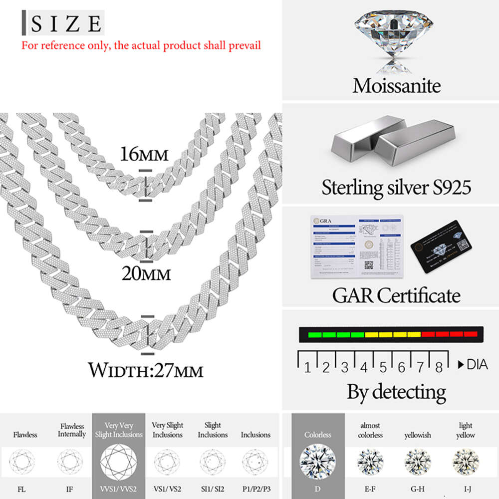 Necklace moissanite chain cuban link chainHip Hop Rapper 925 Silver 20mm Wide 3 Rows Vvs Moissanite Full Iced Out Cuban Link iced