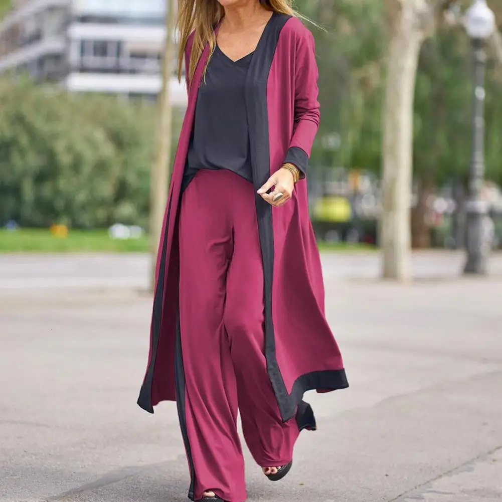 3 PcsSet Autumn Coat Pants Set Contrast Color Baggy Casual Loose Simple Lady Fall Outfit Women Clothes 240102