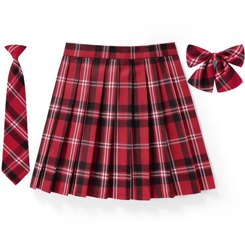 Women Plaid Pleat Skirt With Necktie Bowtie XS 5XL Harajuku Preppy Mini Japanese School Uniforms Girls Summer Jupe Kawaii 240102