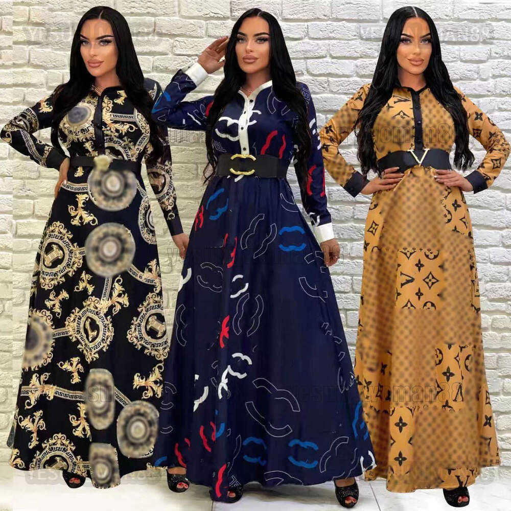 Woman Designer Luxury Channel Classic Women Dress Female Luis Skirt Ladys Versages Button Standing Neck Shirt Style Large Swing Long Dress