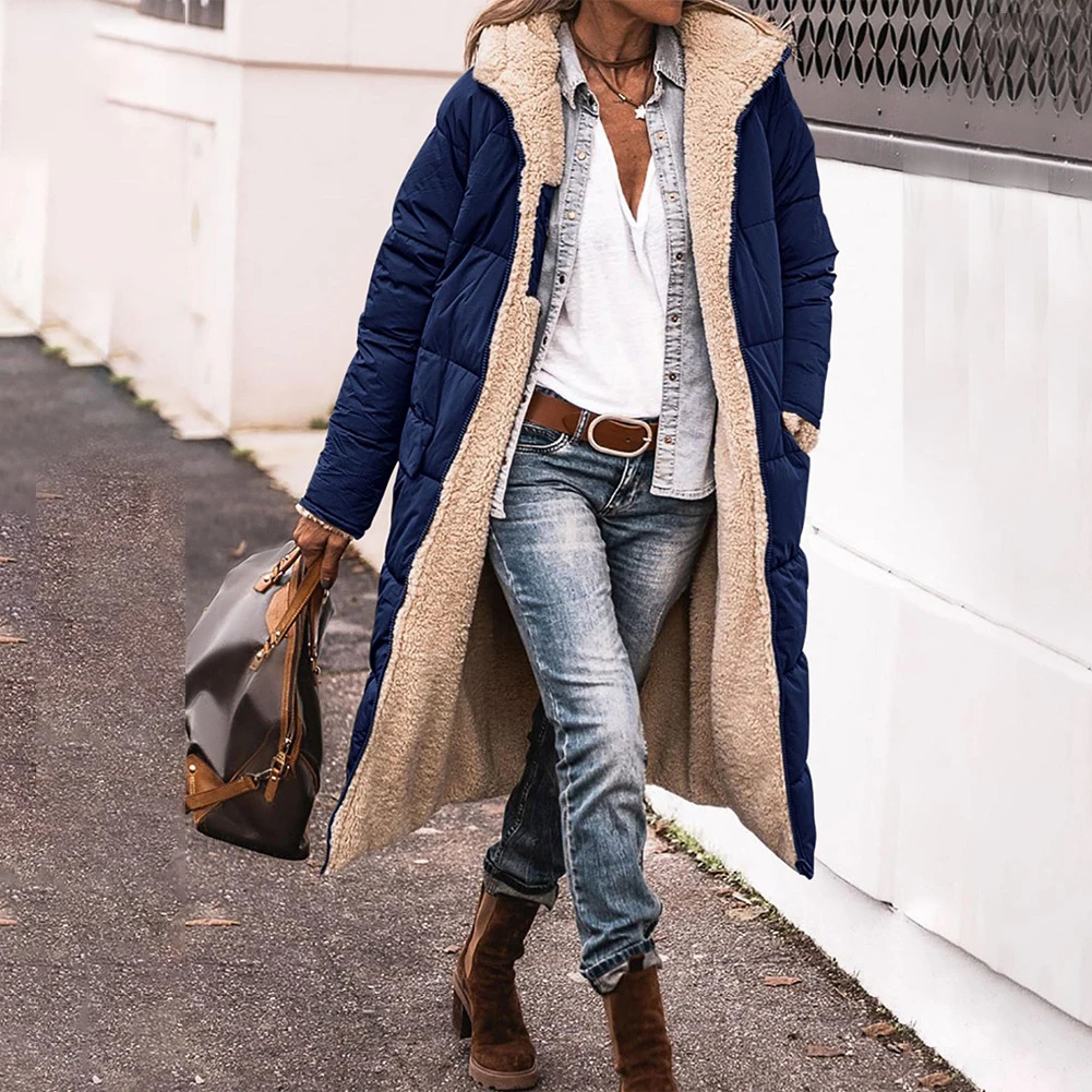 Women Long Winter Padded Jacket Double Sided Hooded Warm Coat Casual Solid Parka Overcoat Loose Elegant Female Thick Outwear 240102