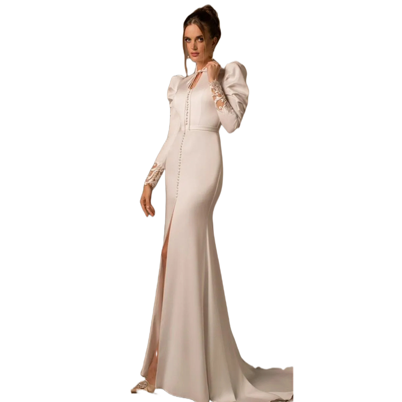 Elegant Front Split Mermaid Wedding Dresses Lace Appliques Illusion Back Sexy Satin High Neck Bridal Gowns Court Train Bride Dress 2024