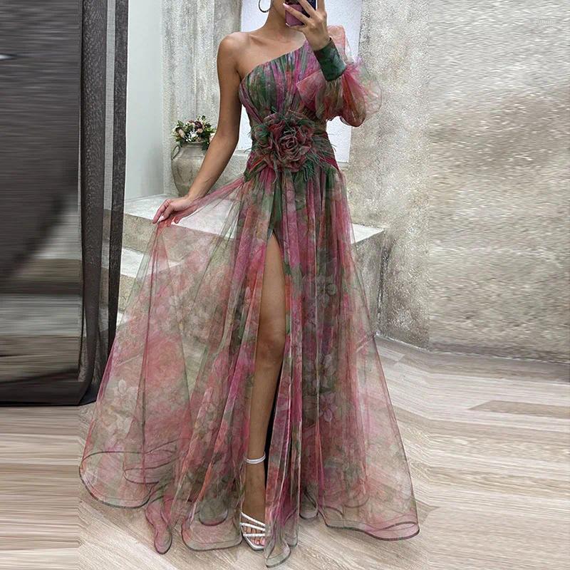Casual Dresses 2024 Party Mesh Diagonal Collar Dress Women's Autumn Flower Print Long Sexy One Shoulder Sleeve High Waist Split