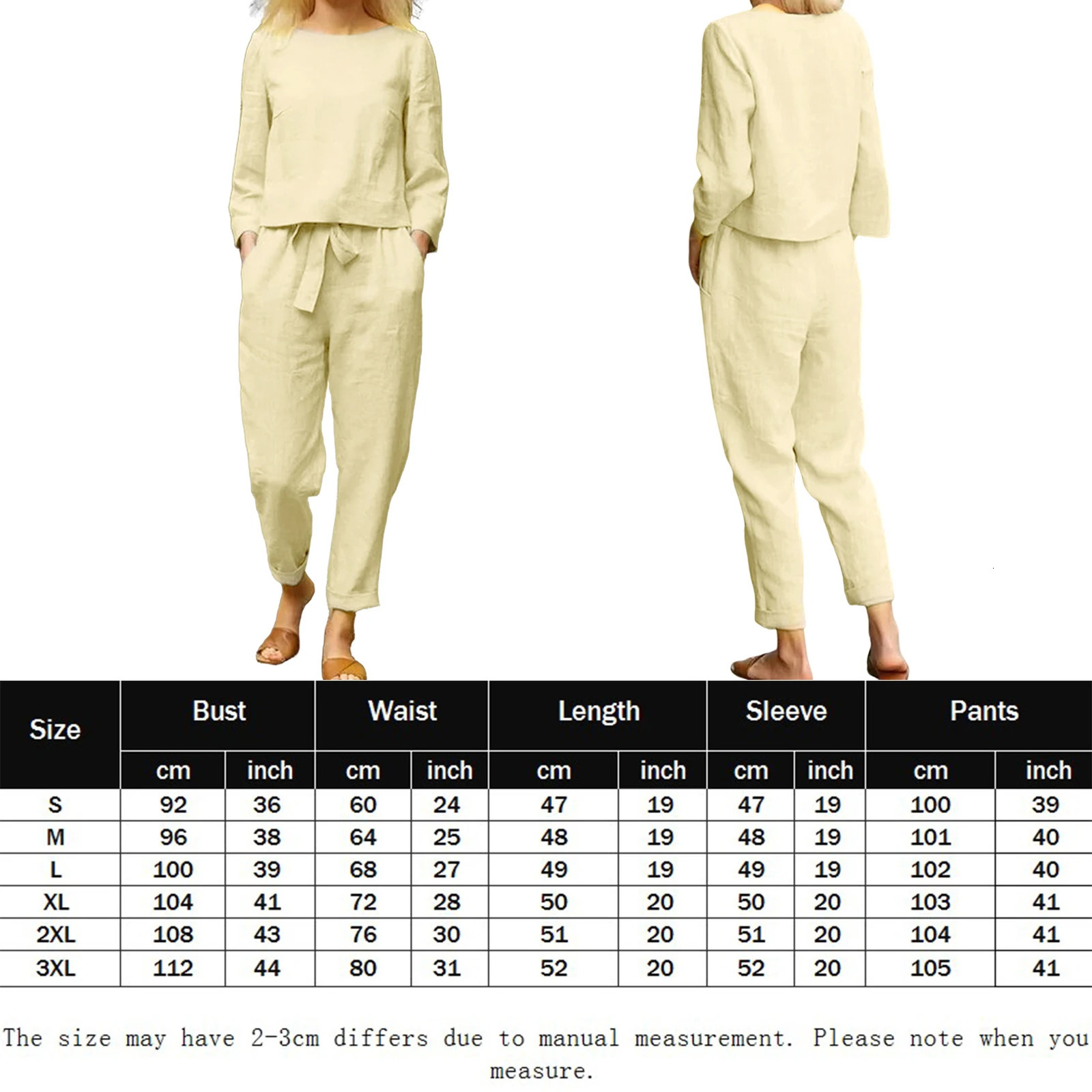 Polyester Women Blouse Long Pants with Pocket Sleeve Lounge Trousers Sets Solid Color Elastic Waist Vacation Outfit 240102