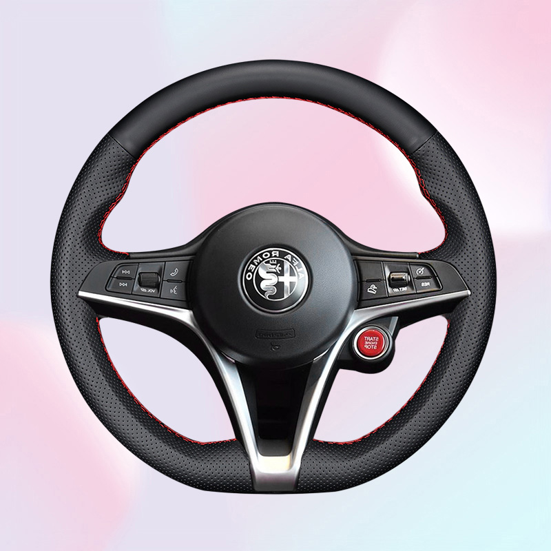 2025 new For Alfa Steio Giulia DIY Hand Sewn Steering Wheel Handle Leather Cover Black Leather6580124 Free shipping