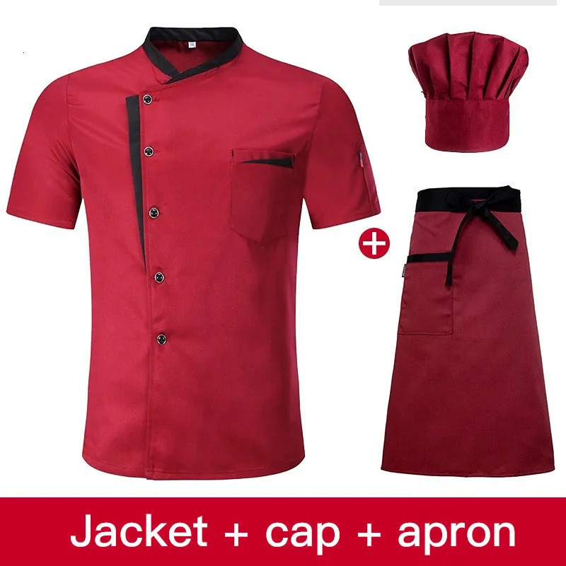 Short Sleeve Chef Jacket Set el Kitchen Work Uniform Cook Restaurant Cooking ShirtsHatApron 240102
