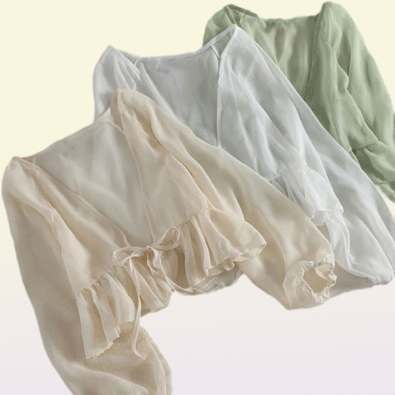 Women Summer Sun Protection Coat Lace Bow Ruffle Cardigan Shirt Female Blouse Tops for Woman Covers Blusa White Y2K Korean Shirt 28050217
