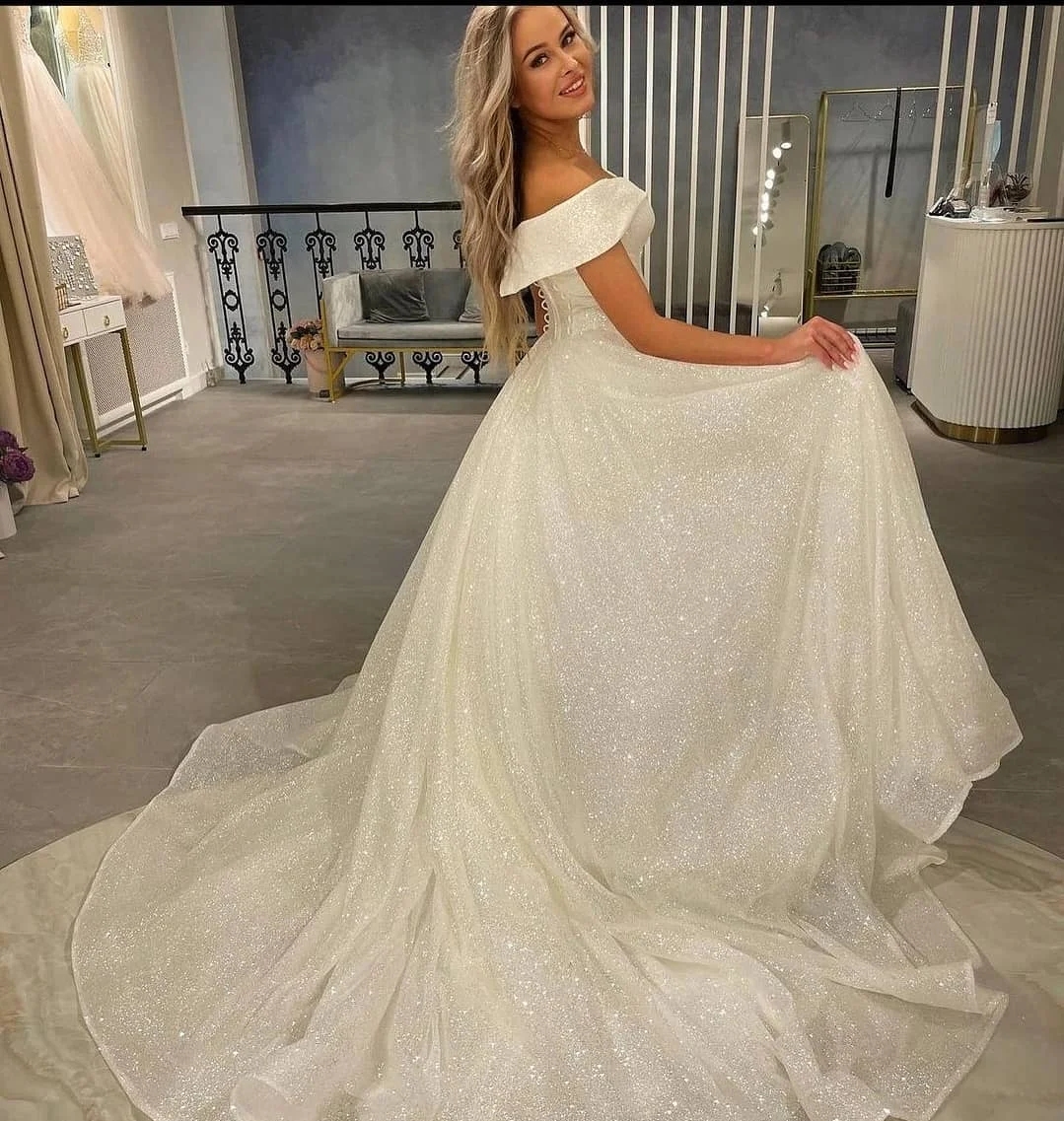Stunning Wedding Dress 2024 Off The Shoulder V-neck Lace Up Sequins Court Train Women Bride Bridal Gowns Vestido De Novias Robe De Mariage