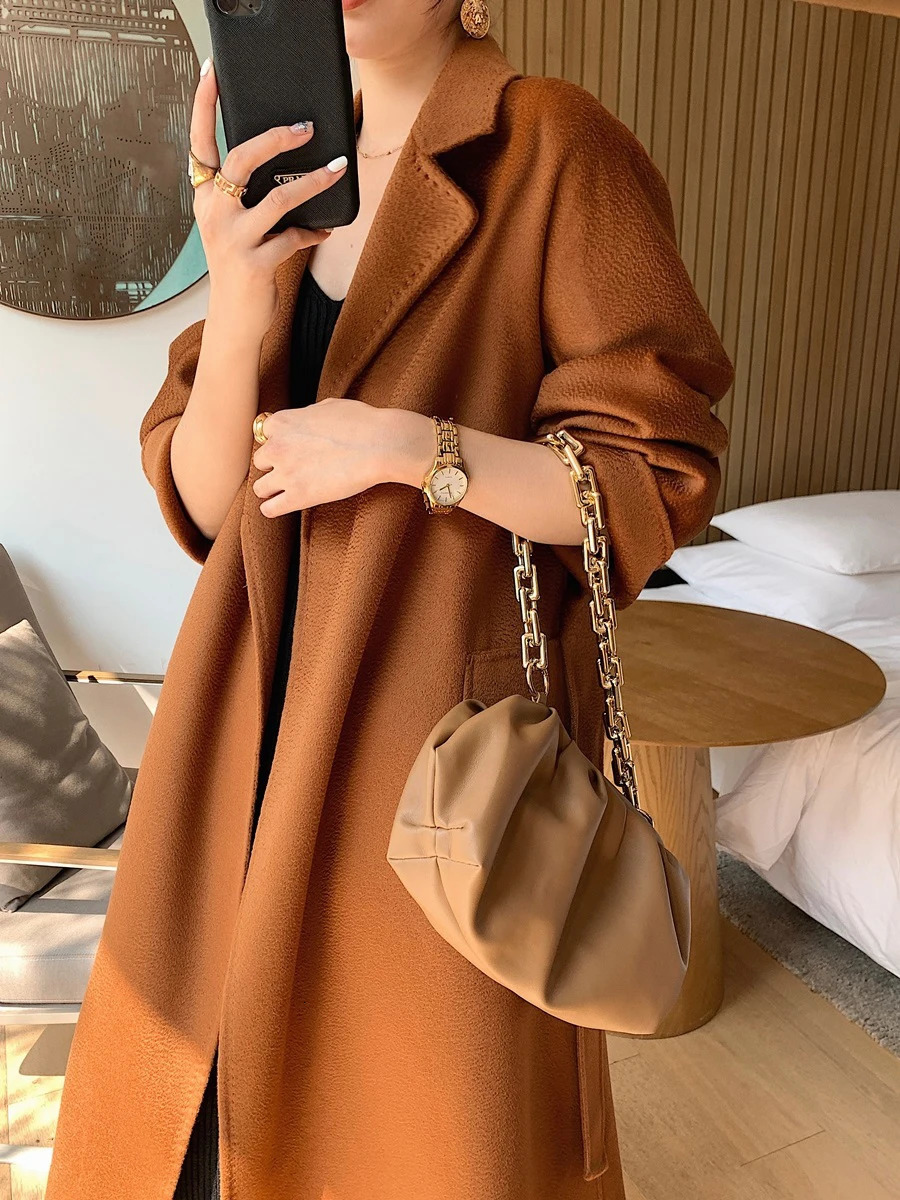 2023 AutumnWinter Water ripple doublesided Cashmere Coat Women's Mid length Suit Collar Loose Lace up Wool Women 240102