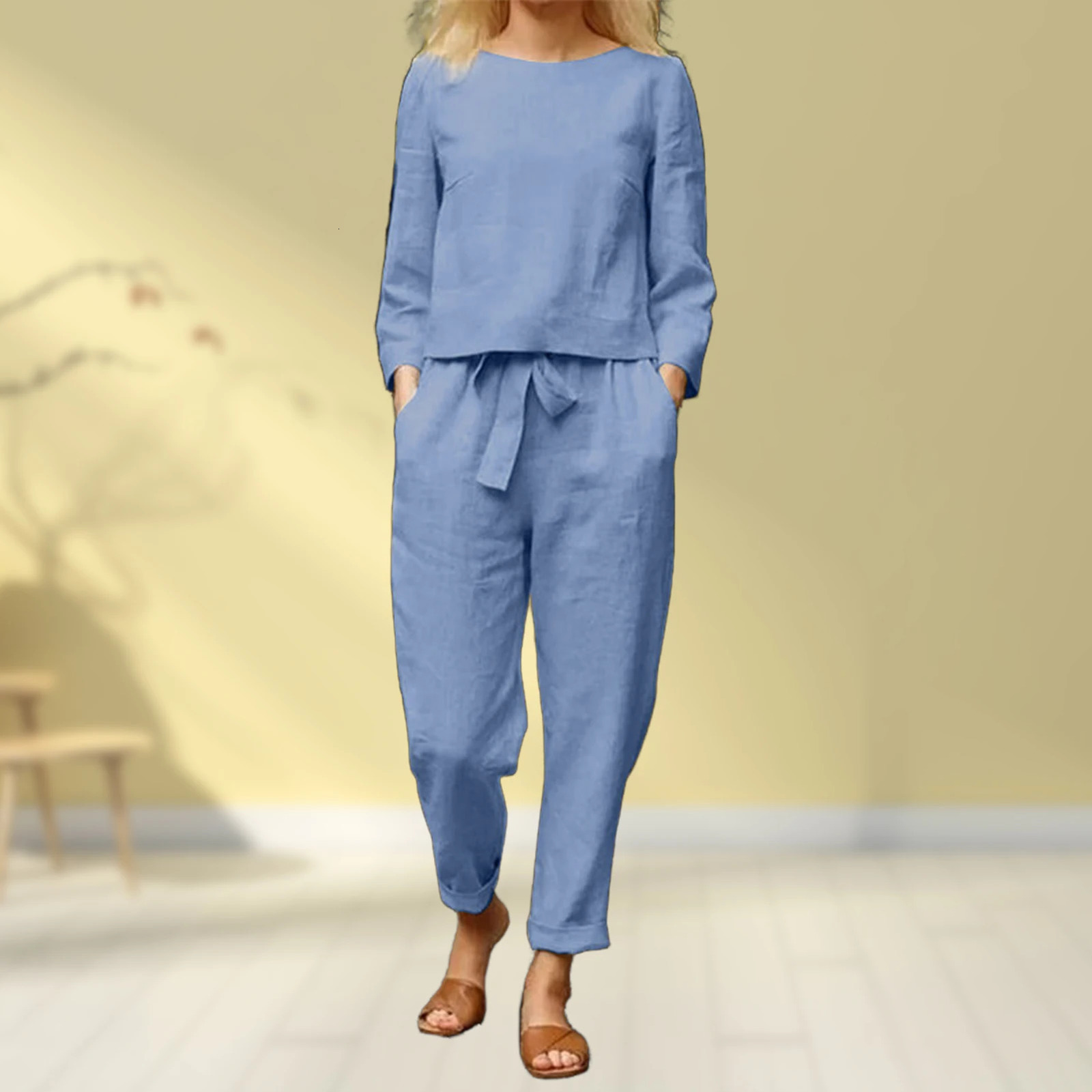 Polyester Women Blouse Long Pants with Pocket Sleeve Lounge Trousers Sets Solid Color Elastic Waist Vacation Outfit 240102