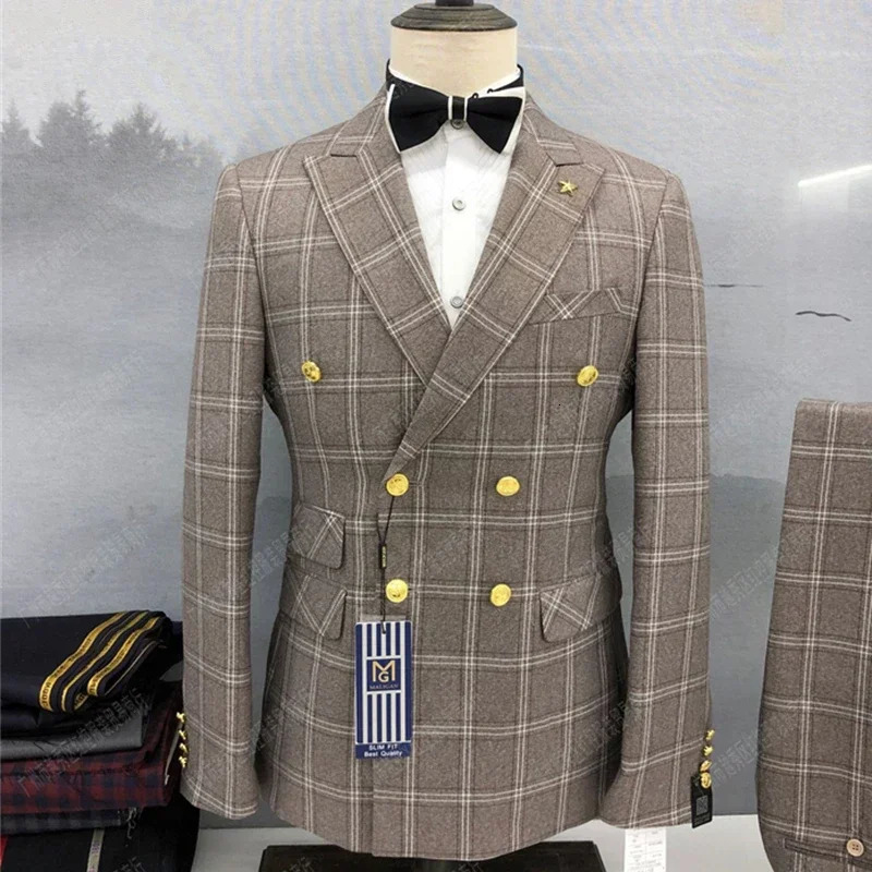 2023 Fashion Men's Leisure Boutique Double Breasted Plaid Suit 2 Piece Set Drees Blazers Jacket Pants Trousers Two Pcs 240103
