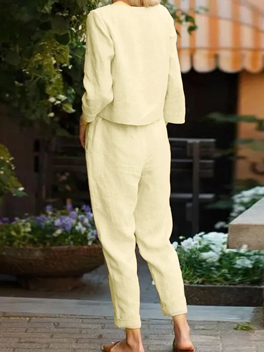 Polyester Women Blouse Long Pants with Pocket Sleeve Lounge Trousers Sets Solid Color Elastic Waist Vacation Outfit 240102