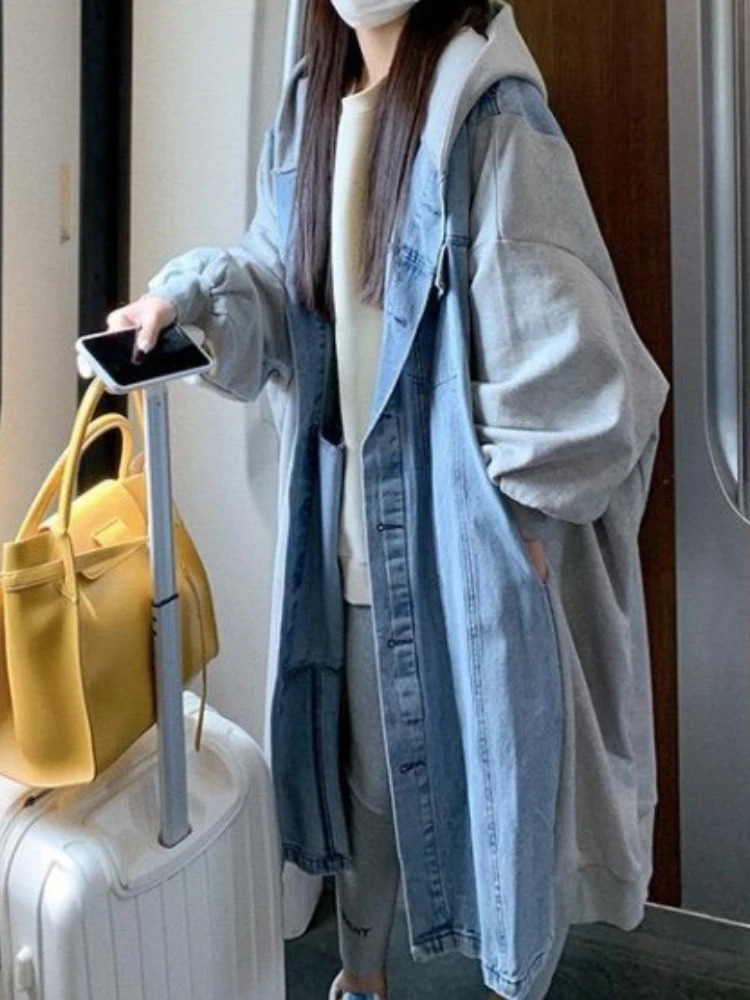 Autumn Winter Jackets for Women 2023 Hooded Single Breasted Patchwork Denim Jacket Long Windbreaker Trench Coat Clothing 240102
