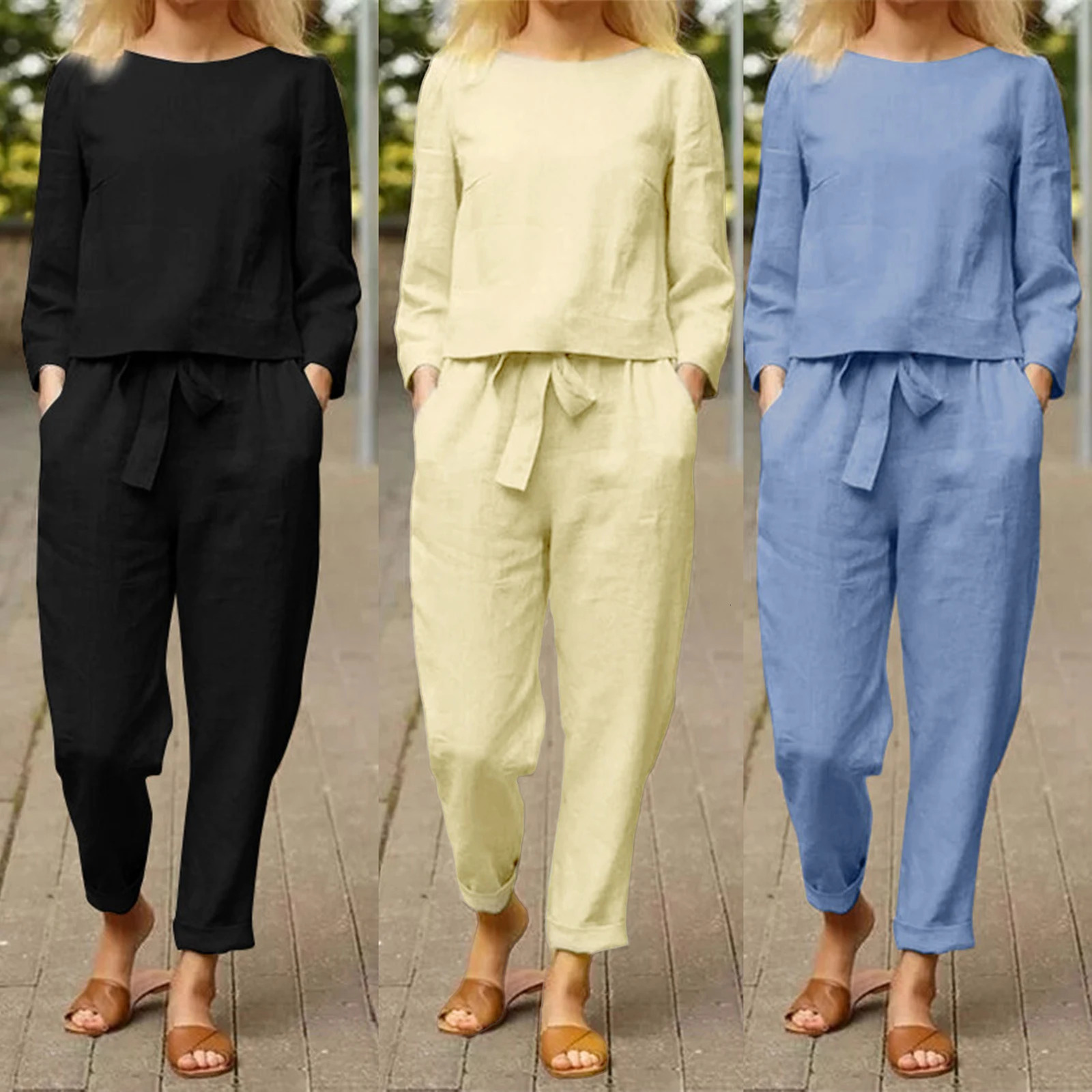 Polyester Women Blouse Long Pants with Pocket Sleeve Lounge Trousers Sets Solid Color Elastic Waist Vacation Outfit 240102