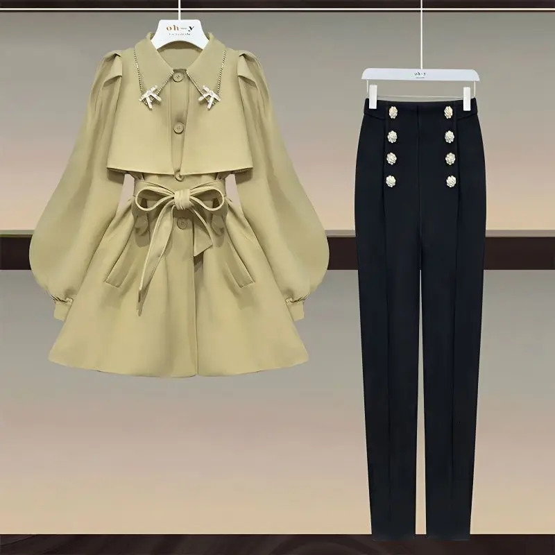 2023 Spring Belt Decoration Slim Fit Jacket Blazer Button Pencil Pants Two Piece Elegant Women's Set Office Outfits 240102