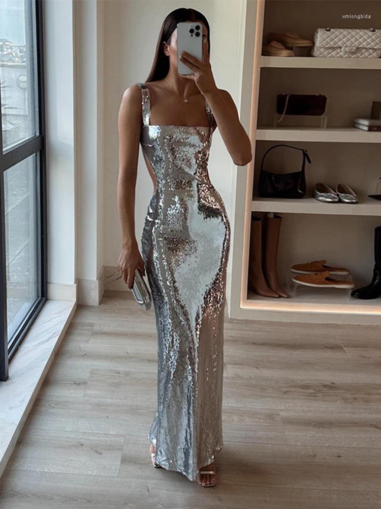 Casual Dresses Sexy Sling Backless Silvery Maxi For Women Fashion High Waist Bodycon Sleeveless Robes Female Evening Party Vestidos