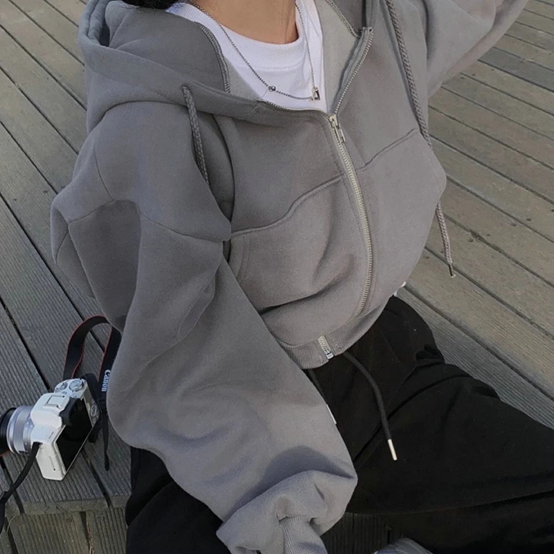 Women Hoodies 2023 Autumn Retro Solid Color Zip Up Oversized Sweatshirts Harajuku Korean Version Long Sleeve Hooded Jackets Coat 240102
