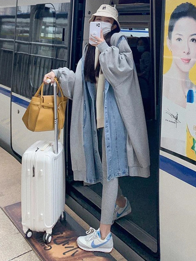 Autumn Winter Jackets for Women 2023 Hooded Single Breasted Patchwork Denim Jacket Long Windbreaker Trench Coat Clothing 240102