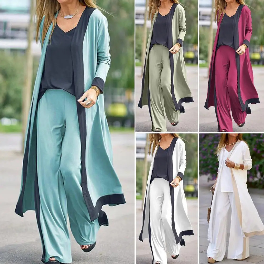 3 PcsSet Autumn Coat Pants Set Contrast Color Baggy Casual Loose Simple Lady Fall Outfit Women Clothes 240102