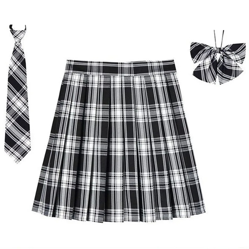 Women Plaid Pleat Skirt With Necktie Bowtie XS 5XL Harajuku Preppy Mini Japanese School Uniforms Girls Summer Jupe Kawaii 240102