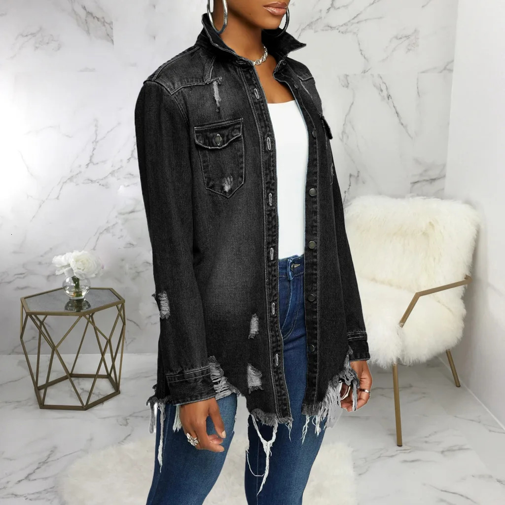 Lady's Denim Jacket Autumn Long Sleeve Loose Sexy Women Jean Coats Summer Washed Ripped Fashion Hole Outwear 240102