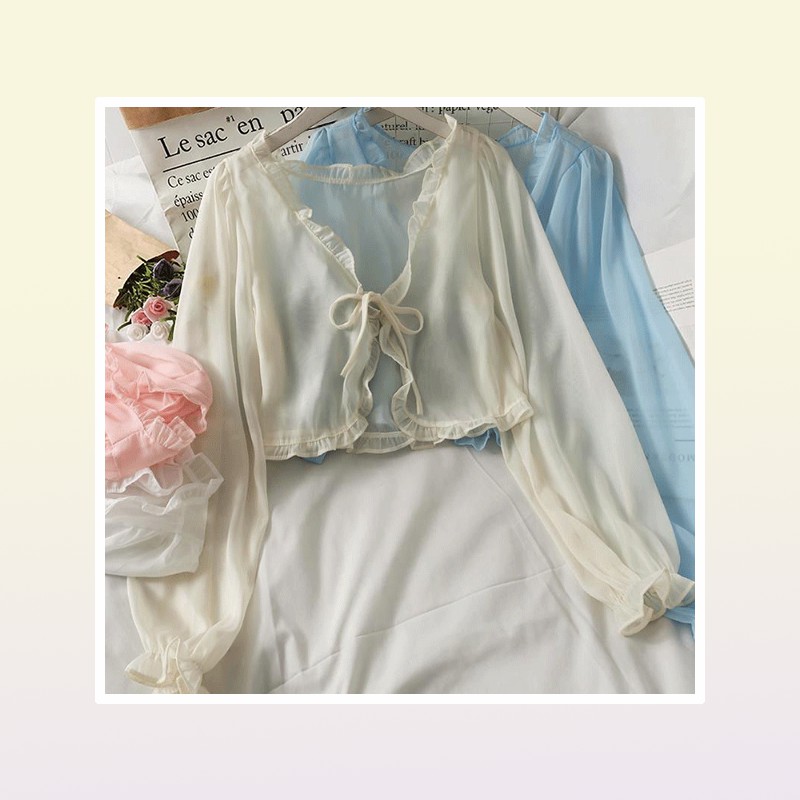 Women Summer Sun Protection Coat Lace Bow Ruffle Cardigan Shirt Female Blouse Tops for Woman Covers Blusa White Y2K Korean Shirt 28050217