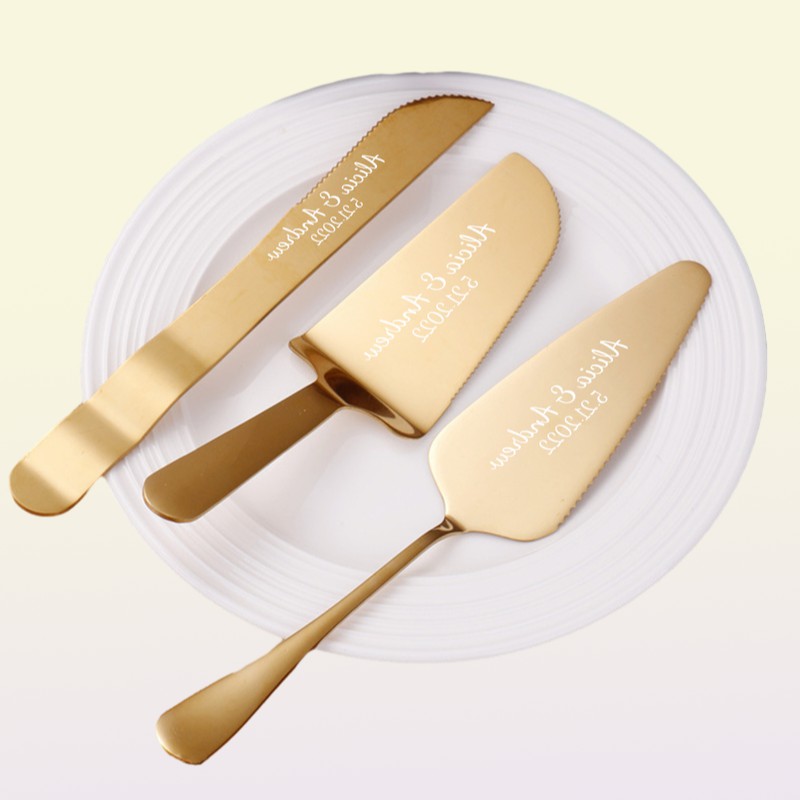 3pcsSet Personalized Pastry Stainless Steel Wedding Cake Knife Set Rose Gold Pizza Cutter Custom Dessert Pastry Baking Tools 220812023147
