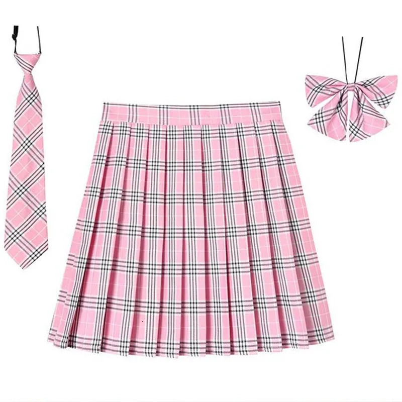 Women Plaid Pleat Skirt With Necktie Bowtie XS 5XL Harajuku Preppy Mini Japanese School Uniforms Girls Summer Jupe Kawaii 240102