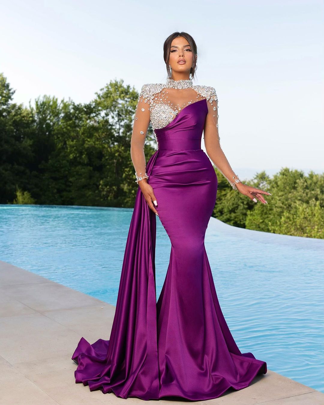 Classy Beaded Mermaid Prom Dresses Long Sleeves Pleated Evening Gowns High Neckline Sweep Train Satin Special Occasion Formal Wear