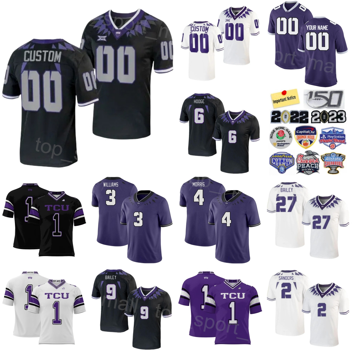 Men College Football TCU Horned Frogs Jersey University 4 Chandler Morris 9 Emani Bailey 2 Trey Sanders 84 Warren Thompson 7 JP Richardson 10 Josh Hoover Uniform