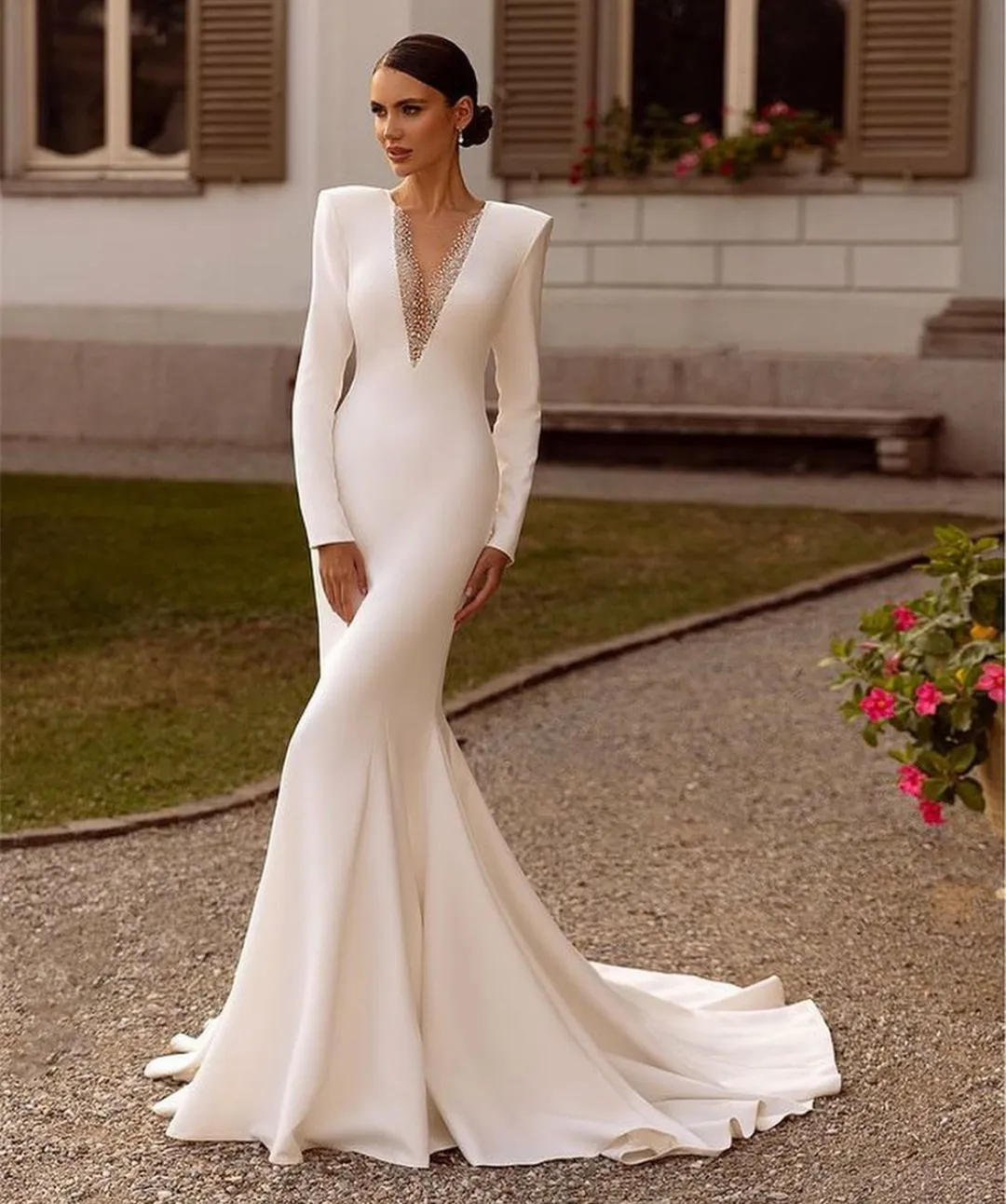 Simple Ivory Satin Mermaid Wedding Dresses Beaded Long Sleeves Elegant Second Reception Dress For Bride Sheer Deep V-Neck Illusion Back Sexy Bridal Go