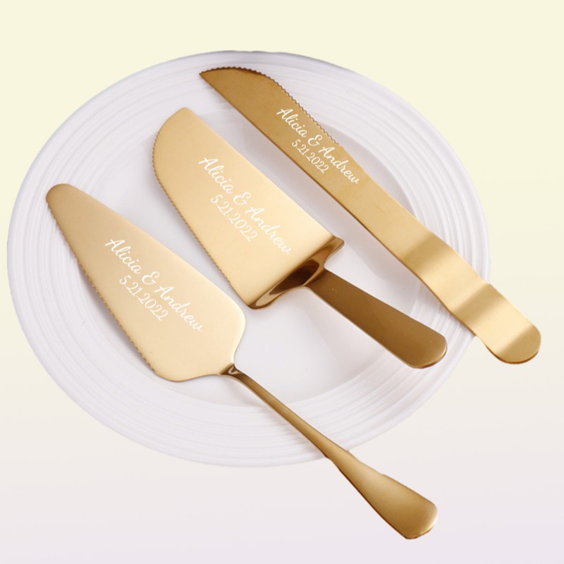 3pcsSet Personalized Pastry Stainless Steel Wedding Cake Knife Set Rose Gold Pizza Cutter Custom Dessert Pastry Baking Tools 220812023147