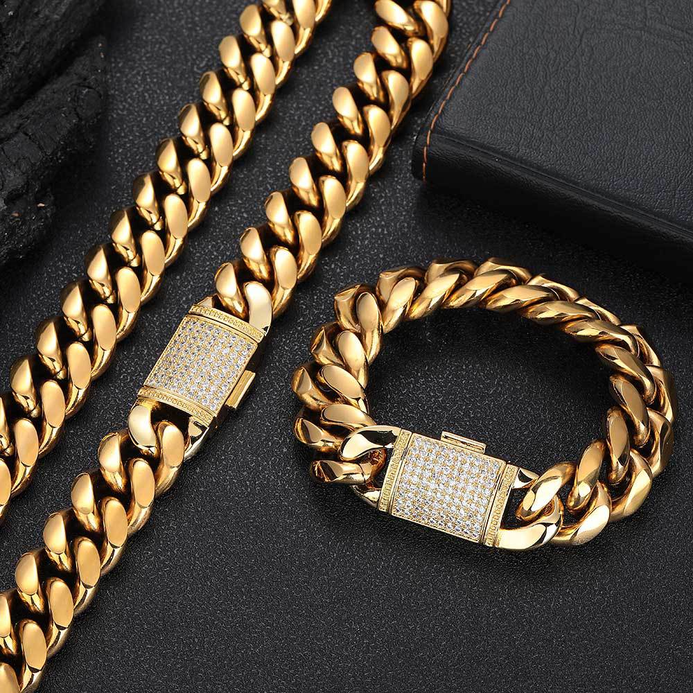 18mm Hip Hop 316L Stainless Steel Miami Cuban Chain 18K Real Gold Plated High Polished Mens Necklace Jewelry 5A Zircons Clasp