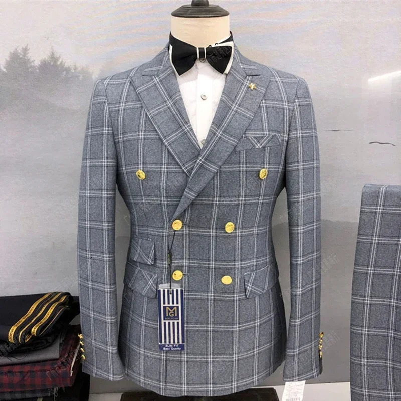 2023 Fashion Men's Leisure Boutique Double Breasted Plaid Suit 2 Piece Set Drees Blazers Jacket Pants Trousers Two Pcs 240103