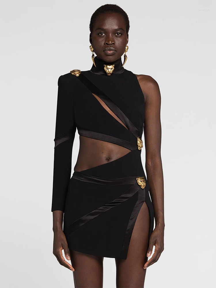 Casual Dresses Fashion Black Hollow Sexy Long Sleeve One Shoulder Elegant Mini Bandage Dress Vestidos De Fiesta Elegantes Para Mujer 2024