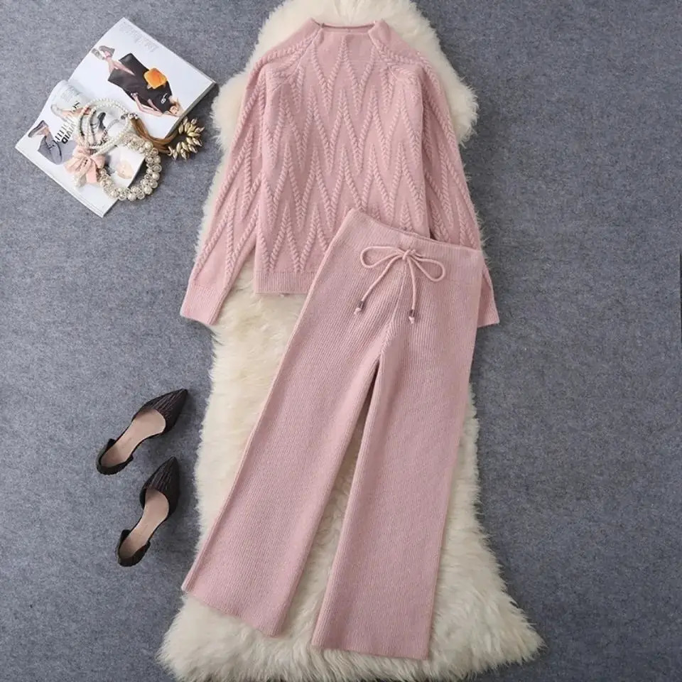 Women Knitted Two Pieces Sets Autumn Winter Casual Female Warm Suits Half Turtleneck Sweater and Trouser Tracksuits T01 240102