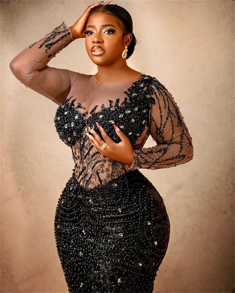 Aso Ebi African Black O Mermaid Prom 2024 Sheer Neck Plus Size Birtdhay Party Gowns Beaded Formal Dresses Robe De Soiree 0431