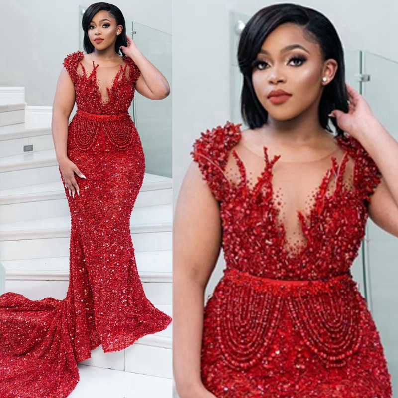 Plus Size Fulllace Aso Ebi Prom Special Ocns Mermaid Red Sheer Neck Sequined Lace Backless Formal Dress Evening Dresses for African Black Girl NL Es E