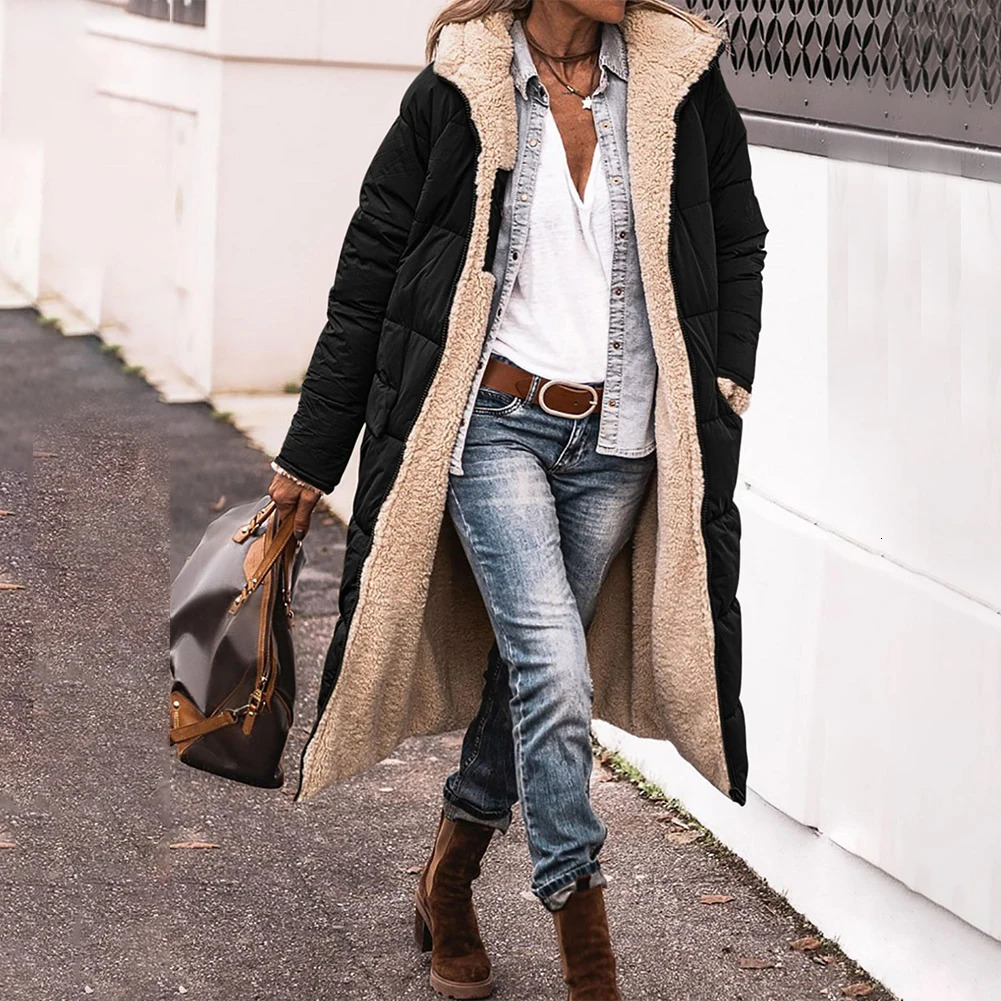 Women Long Winter Padded Jacket Double Sided Hooded Warm Coat Casual Solid Parka Overcoat Loose Elegant Female Thick Outwear 240102