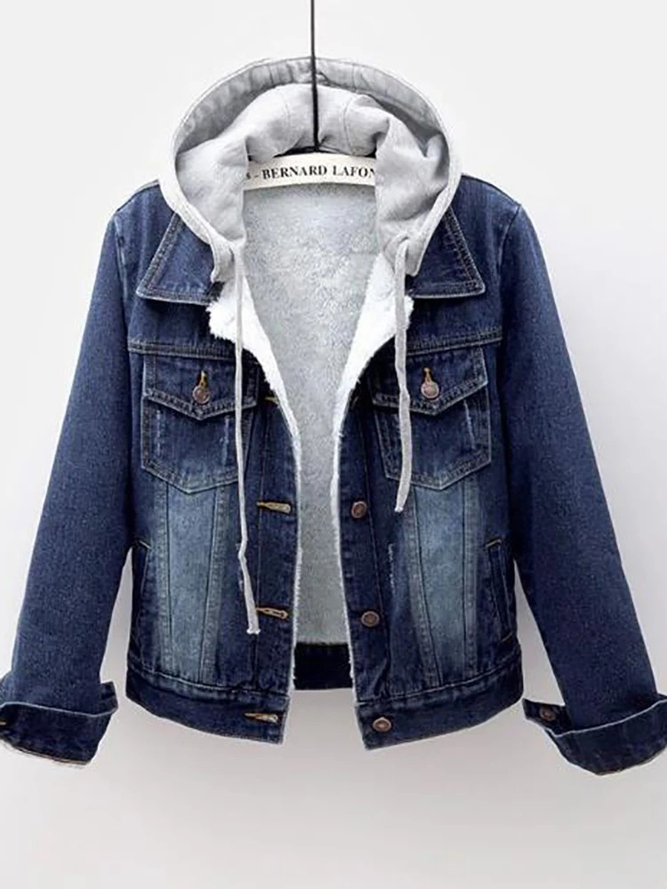 Fleece Warm Winter Jean Jacket Female Pockets Button Soft Hooded Outerwear Fashion Slim Denim Coats For Women 240102