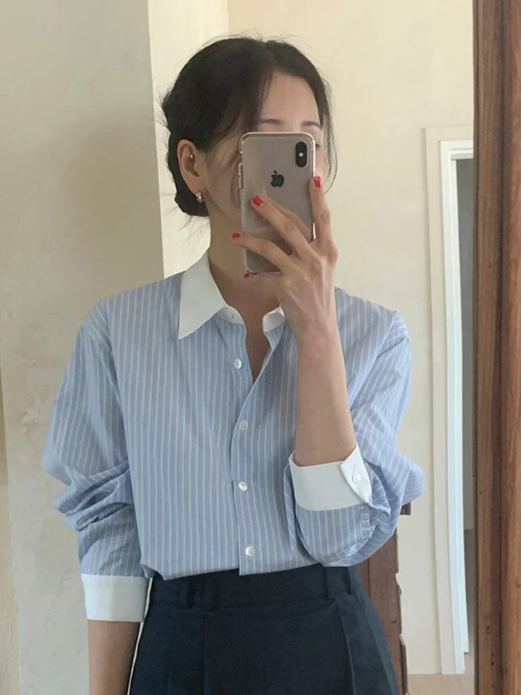Striped Shirt Women Contrast Color Casual Blouse Female Lapel Long Sleeve Chic Shirts Ladies Fashion Loose Office Spring 240102