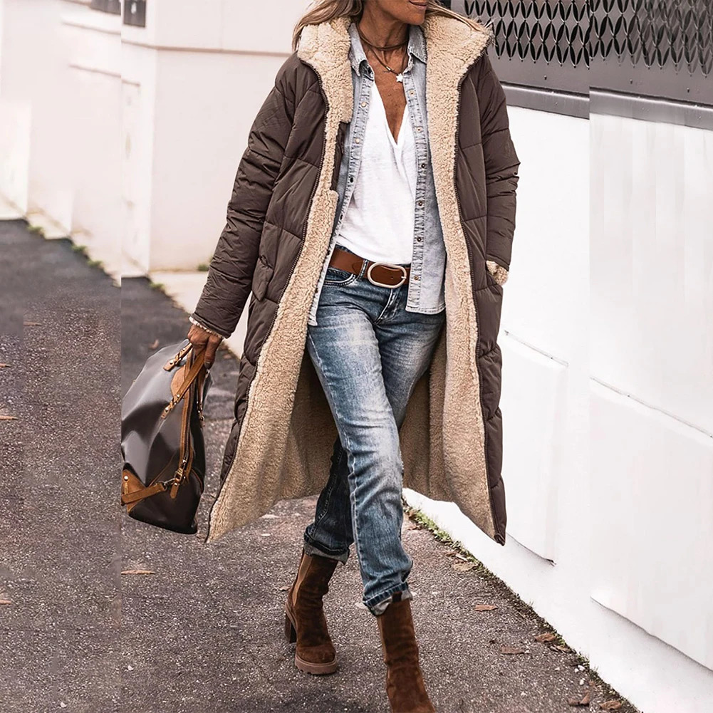 Women Long Winter Padded Jacket Double Sided Hooded Warm Coat Casual Solid Parka Overcoat Loose Elegant Female Thick Outwear 240102