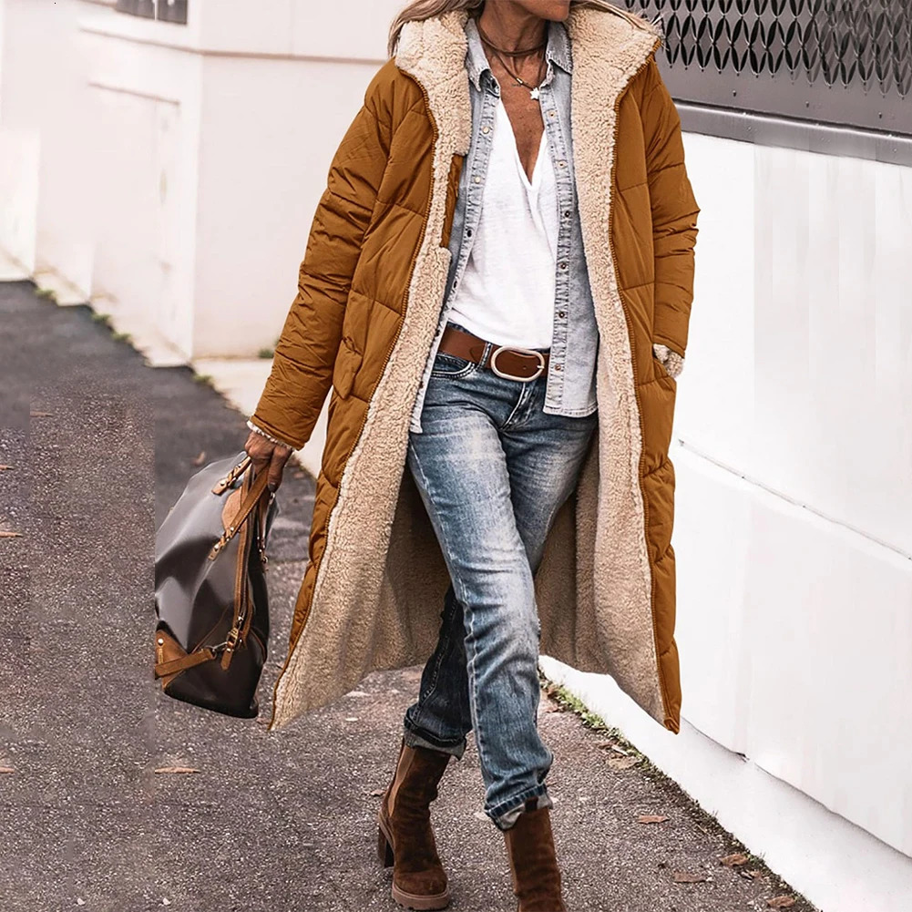 Women Long Winter Padded Jacket Double Sided Hooded Warm Coat Casual Solid Parka Overcoat Loose Elegant Female Thick Outwear 240102