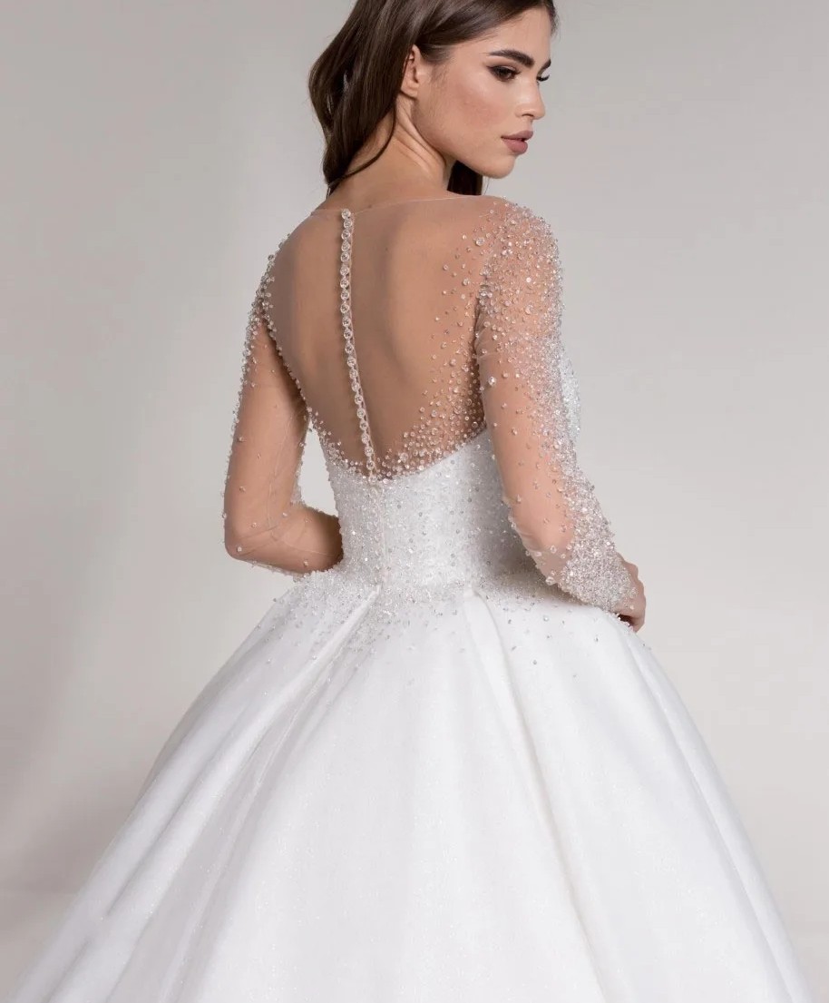 Luxurious Princesse Wedding Dress 2024 Shiny Sheer Neck Beading Crystals Long Sleeves A Line Women Bride Bridal Gowns Vestido De Novias Robe De Mariag