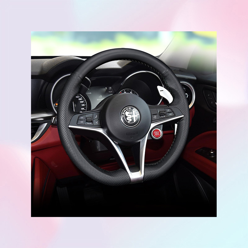 2025 new For Alfa Steio Giulia DIY Hand Sewn Steering Wheel Handle Leather Cover Black Leather6580124 Free shipping