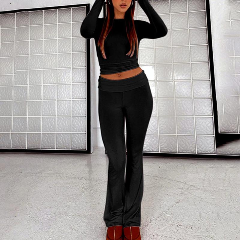 Womens Two Piece Pants Leisure Wear Flare Crop Top Set Autumn Casual Slim Fit 2 Suit Fitting Wide Leg Pant Female Vintage Cotton Lounge